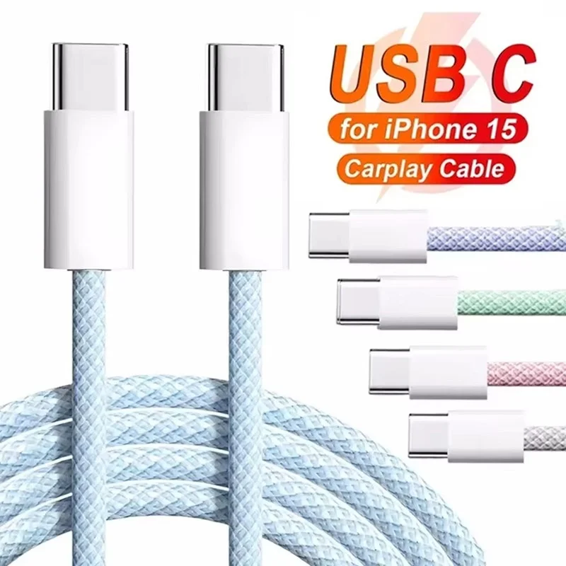 60W PD Color Nylon Braided Cable USB-C to USB C Fast Charger Cable For iPhone 17 16 15 Pro Max Huawei Type C Fast Charging Cable
