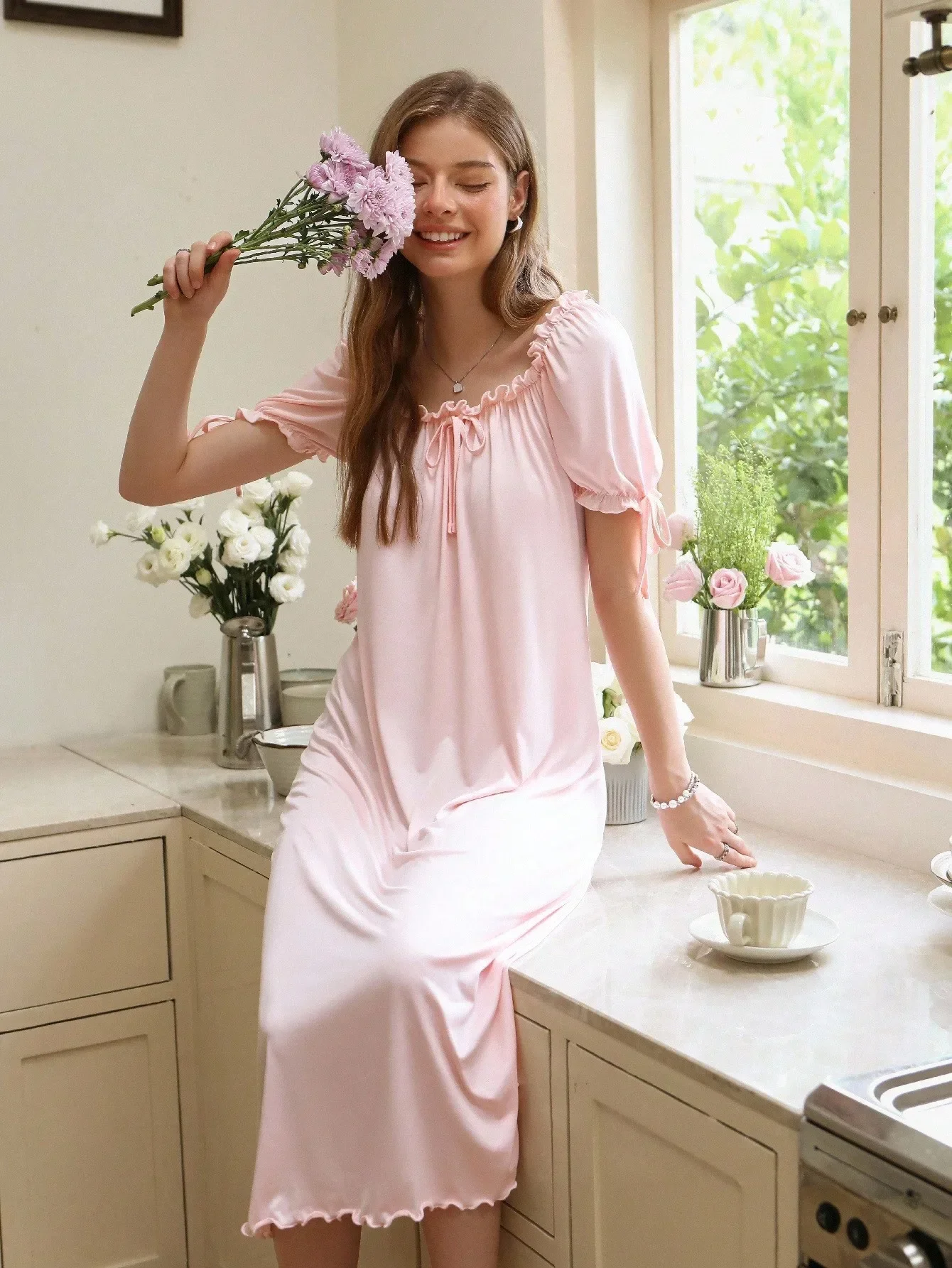 Snug Reverie Solid Color Ruffled Square Neck Loose Long Night Gown Holiday Season, Moo Moo