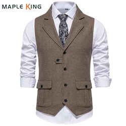 Costume Homme Vintage Suit Vest Men Herringbone Tweed Gentleman Elegant Wasitcoat Mens Business Formal Dress Vest Chaleco Hombre