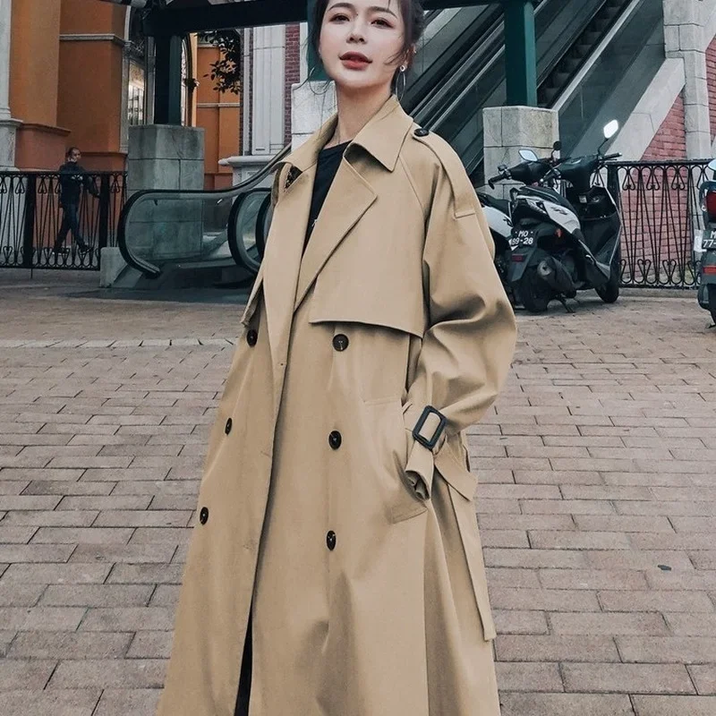 

Khaki Long Trench England Style Knee-Length Loose Coats Women Spring Autumn Fashion Solid Colors Double Breasted Lapel Outwears