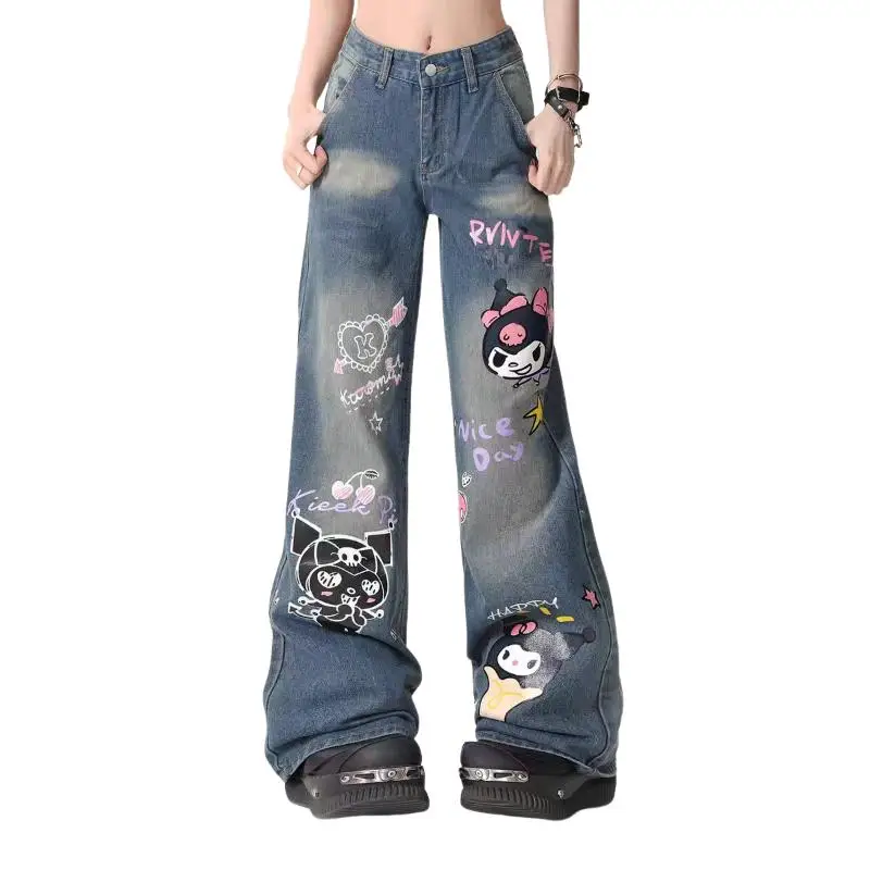 Sanrio cartoon jeans kuromi bonito solto menina pernas largas doce bonito casual moda conforto casual respirável presente para namorada