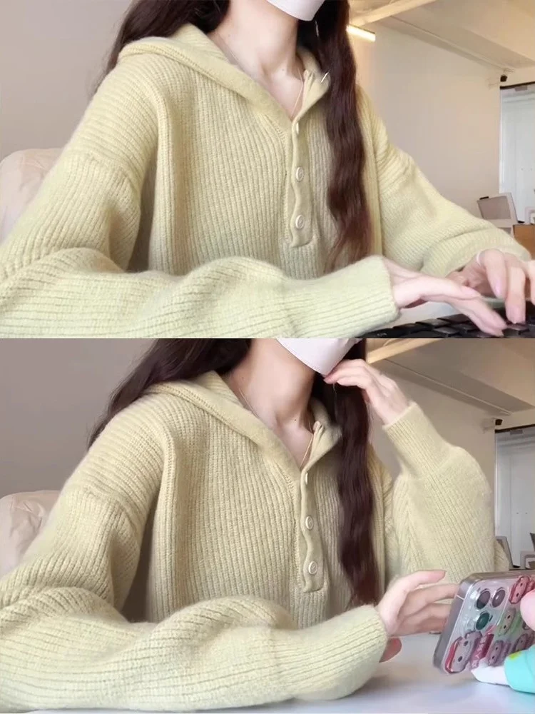 سترة نسائية محبوكة باللون الأزرق irt كسول Sle سترة نسائية ناعمة ومريحة لخريف 2025 سترة كورية جديدة دافئة حرارية طويلة بقلنسوة