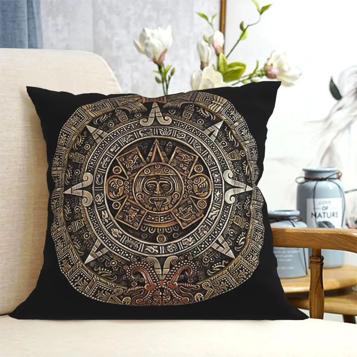 AztecMayan Calendar In Gold And Bronze Square Pillowcase Cushion Cover Pillow Case Throw Pillow Cover for Home Sofa Living Room