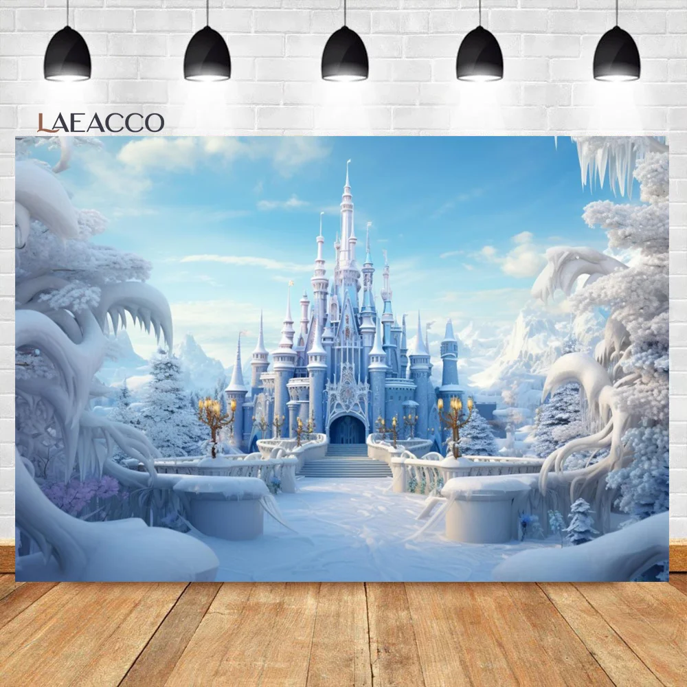 Laeacco Winter Castle Photography Backdrop Blue Ice Forest Wonderland Snow Mountian Pine Tree Kids Birthday Portrait Background