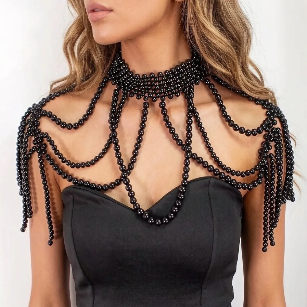 Handmade Beaded Pearl Shoulder Chain Hollow Tassel Imitation Pearl Pearl Shawl Necklace Draped Chain Two Sides Tassel Fringe