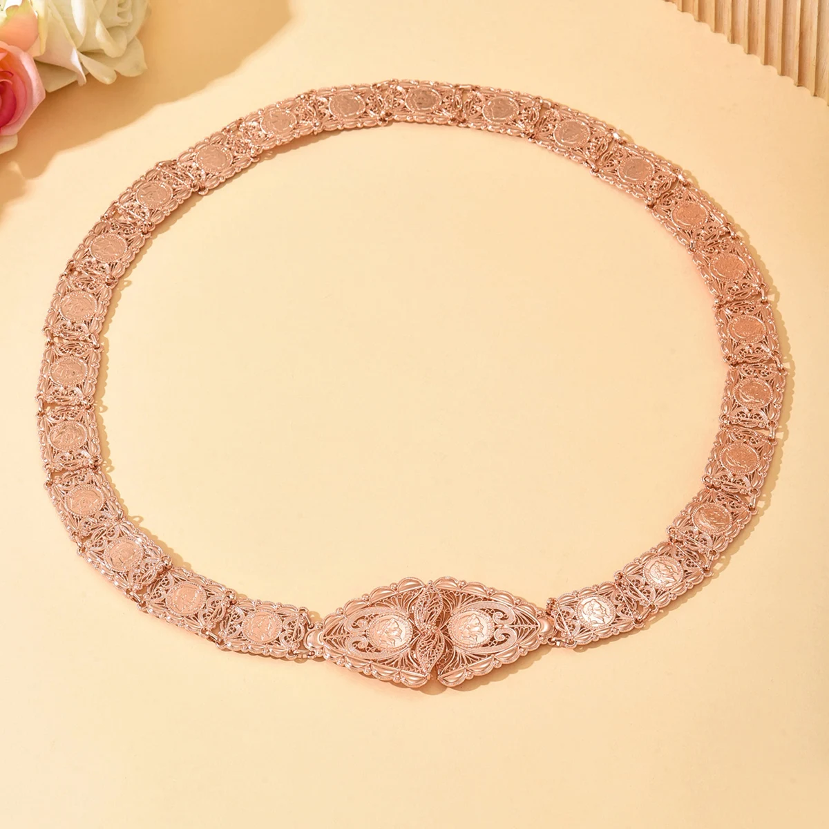 حزام تخريمية لحفلات الزفاف - ذهبي وذهبي وردي مع عملة مزخرفة منقوشة لأناقة ثوب الزفاف الخالدة وتصفيف الزفاف الملكي #3