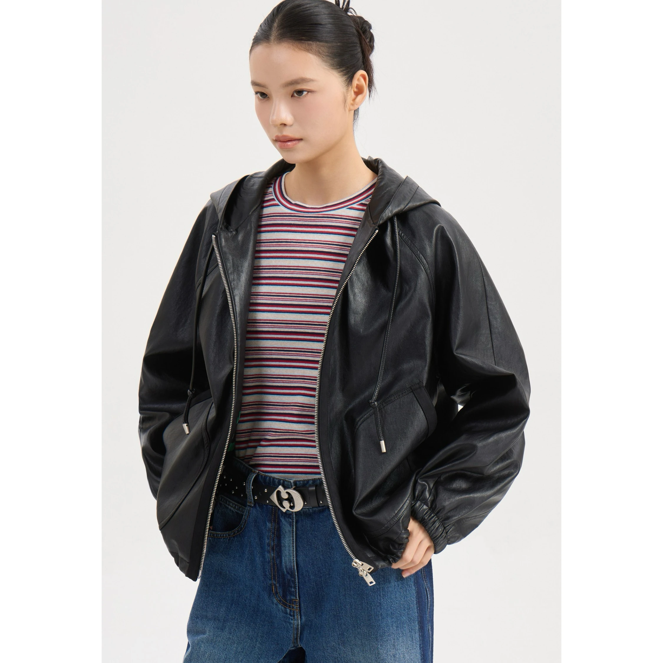 Capispalla Jaet in pelle versatile e allentata con cappuccio di alta qualità al formaggio al limone per le donne che pendolari con cerniera lunga