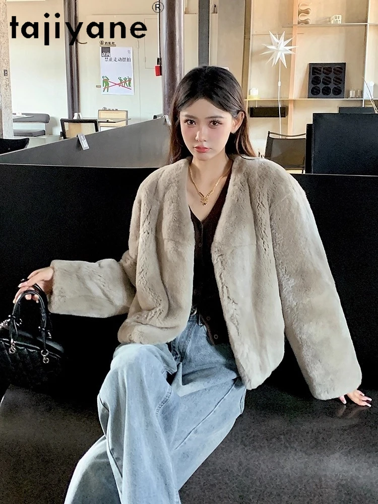 معطف من فراء الأرانب الطبيعي من TAJIYANE أنيق برقبة على شكل حرف v ملابس نسائية سترة فاخرة 2025 ملابس شتوية مميزةюхоvikк ЖыыыыыыыыёмÑ