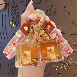 Cartoon Acrylic Into Oil Square Box Kapibala Liquid Key Chain Pendant Cute Floating Sand Bath Tub Capybara Doll Keyring Bag Gift
