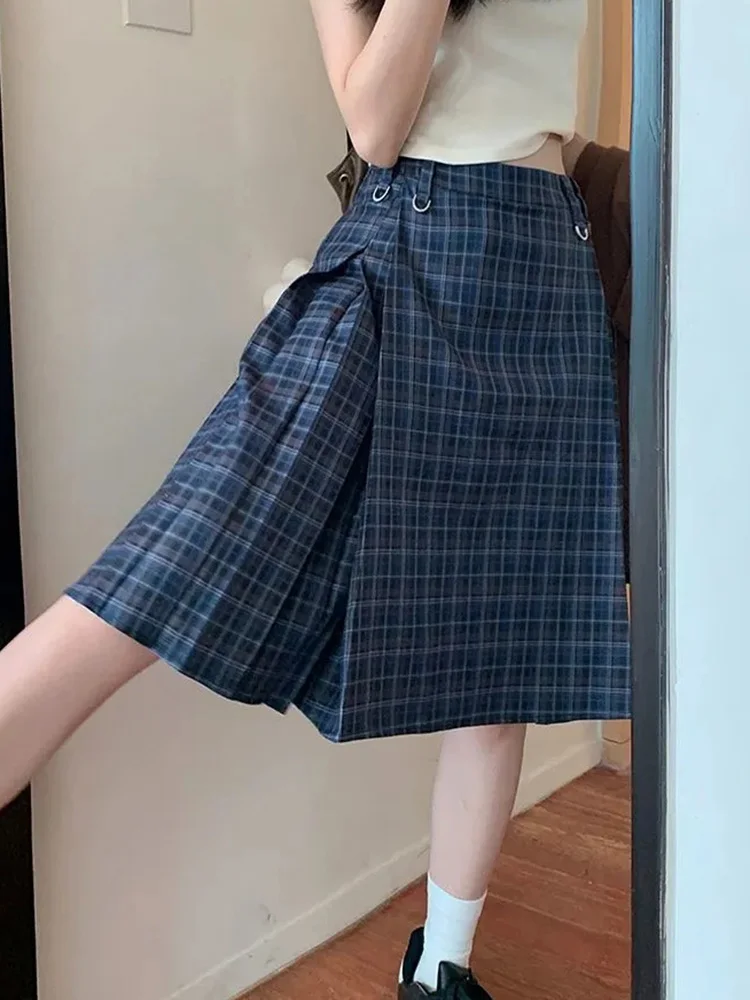 Frühling Vintage Plaid Midi Rock Frauen Hohe Taille Adrette Schlank Süße Falten Röcke Casual Retro Koreanische Ins EINE Linie Rock Neue