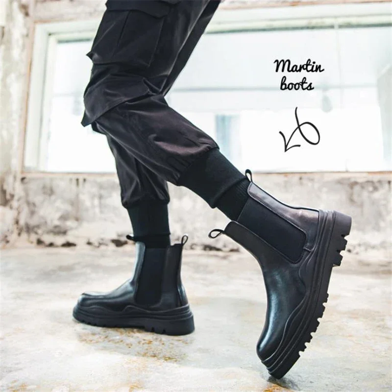 Fashion Mens Sheoes Platform Chelsea Boots Thick Bottom Split Leather Ankle Boots Male Footwear Round Toe Short Boots