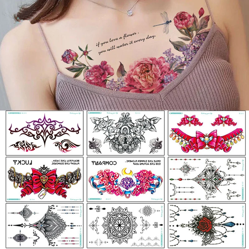 Pegatinas de tatuaje de transferencia de agua de flores sexys para mujer, tatuaje temporal de arte corporal para el pecho, pulsera de cintura para chica, tatuajes Flash de flores