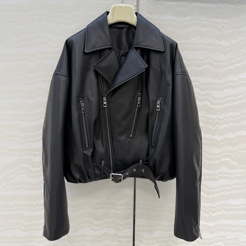 High quality motorcycle leather jacket short coat is stylish and fashionable 2025 new female clothes luxury 251228104