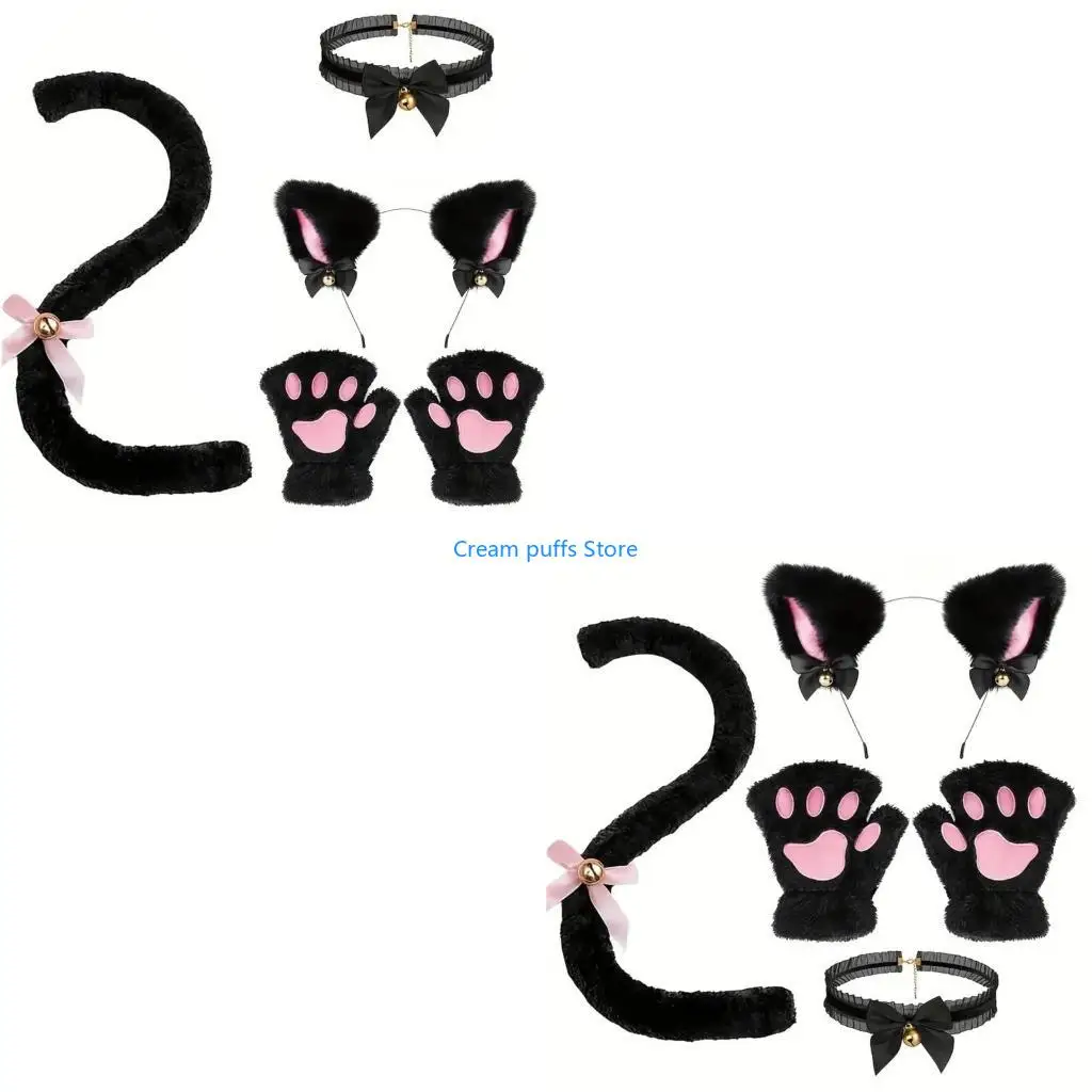 50LE Halloween Cosplay Cats Set Halloween Cats Dress up Accessories, Including Necklace Cats Ear Hair Hoop, Tail, and Glove