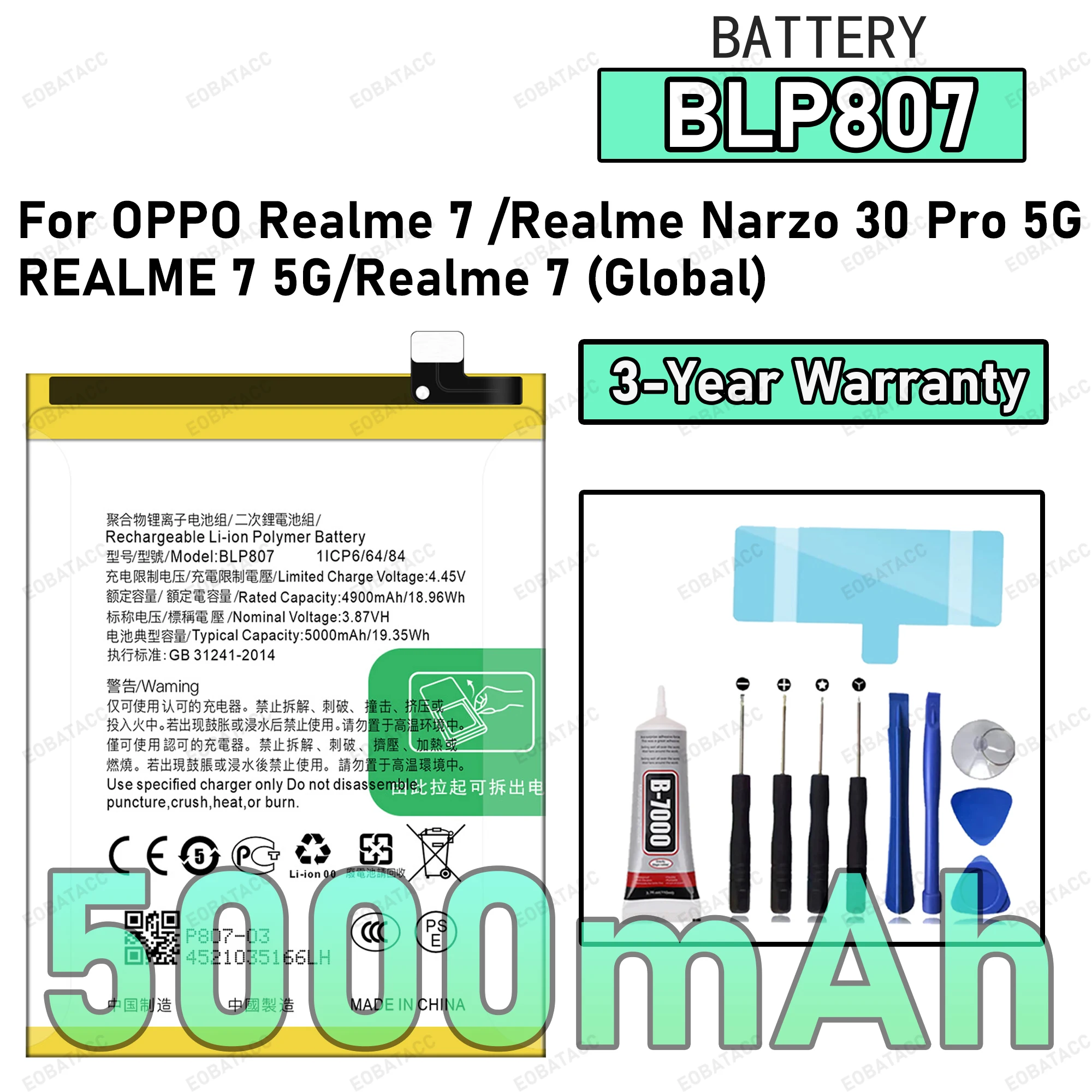 

5000mAh BLP807 Battery For OPPO Realme 7 5G/Realme Narzo 30 Pro 5G Replacement Bateria+Free Tools
