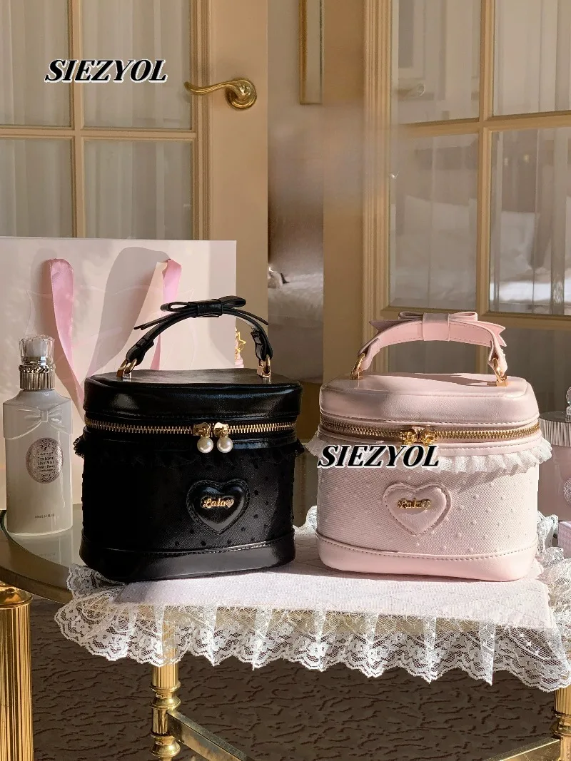 Japanese Sweet Cute Girl Polka Dot Lace Portable Cosmetic Bag Fashionable Versatile Bow Zipper Messenger Cosmetic Bags