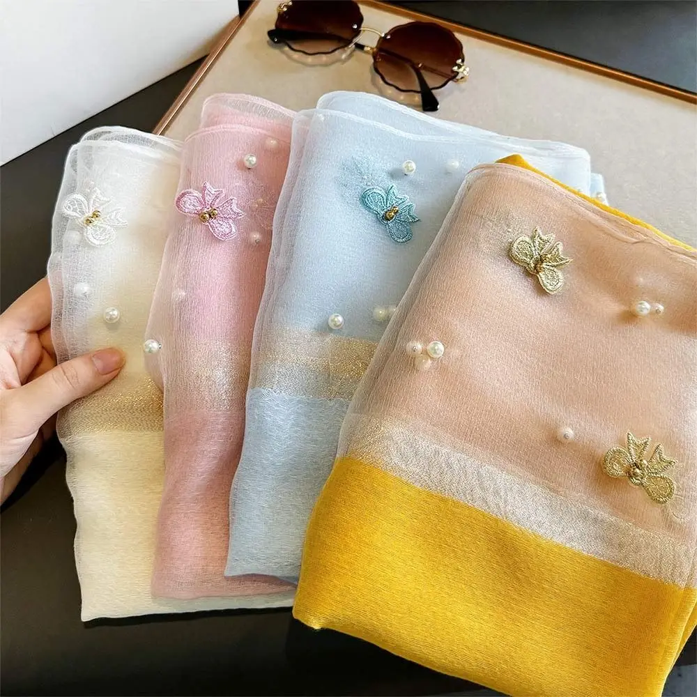 

Summer Bow Pearl Silk Scarf Embroidered Breathable Bandana Sun-Resistant Smooth Hijab Women