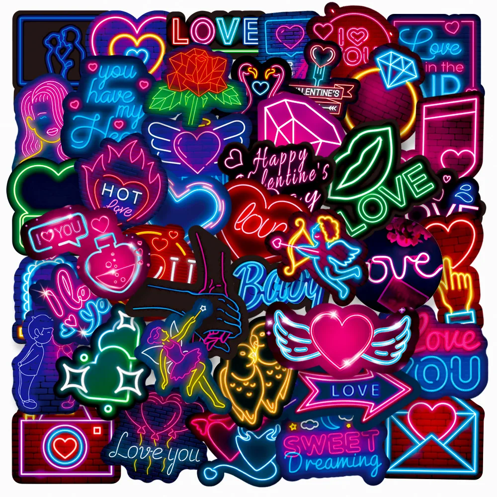 50-Pack Neon Valentine Graffiti Stickers Waterproof for Luggage Notebooks Electric Bicycles Skateboards Mobile Phones Stationery