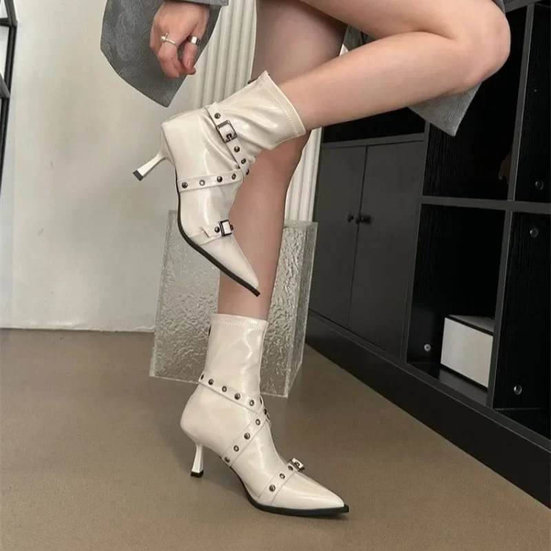 2024Women's Fashion High-heeled Boots Fall New Pointed Metal Belt Buckle Back Zipper Temperament Slim Boots