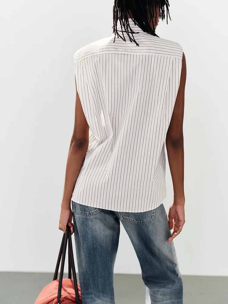 New Arrival Autumn Season Women's Shirt Sleeveless Stand Collar Stripe  Knot Top Regular Length Chinese Style Garment