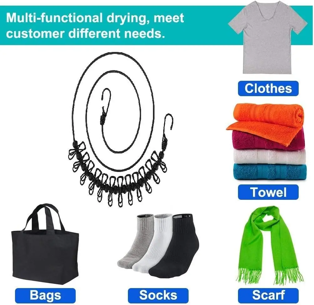 Portable Clothesline 2 Pack with 12 Clips, Stretchy Retractable Travel Laundry Line for Backyard, Camping, Hotel, Balcony Drying