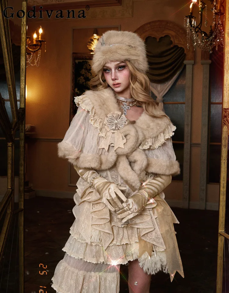 Elegant Lady Japanese Style Original Beige Eco-friendly Shawl Fur Christmas Winter New Thickened Warm Cape Coat