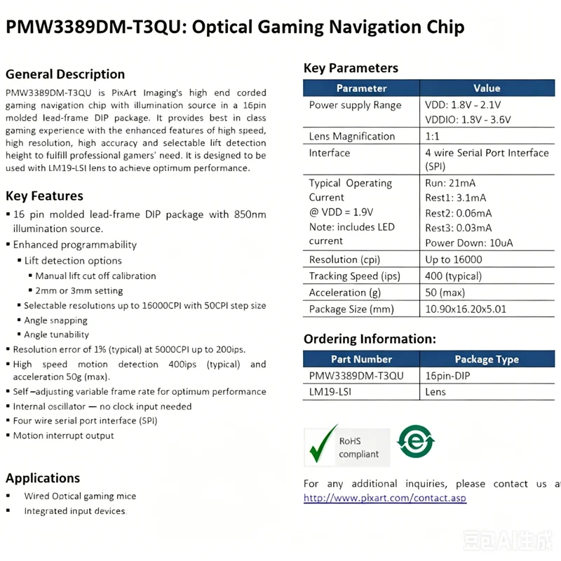 100% New Original PMW3389DM-T3QU + LM19-LSI lens PMW3389 LM19 Mouse Sensor Optical Gaming Navigation Chip DIP-16
