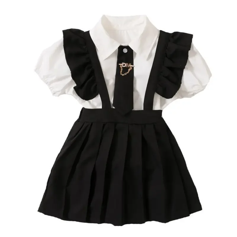 2-9 Years Girls' Dress Set Summer 2026 New Children's Long Sleeve Shirt+Strap pleated Skirt Two Piece Set 90-150cm
