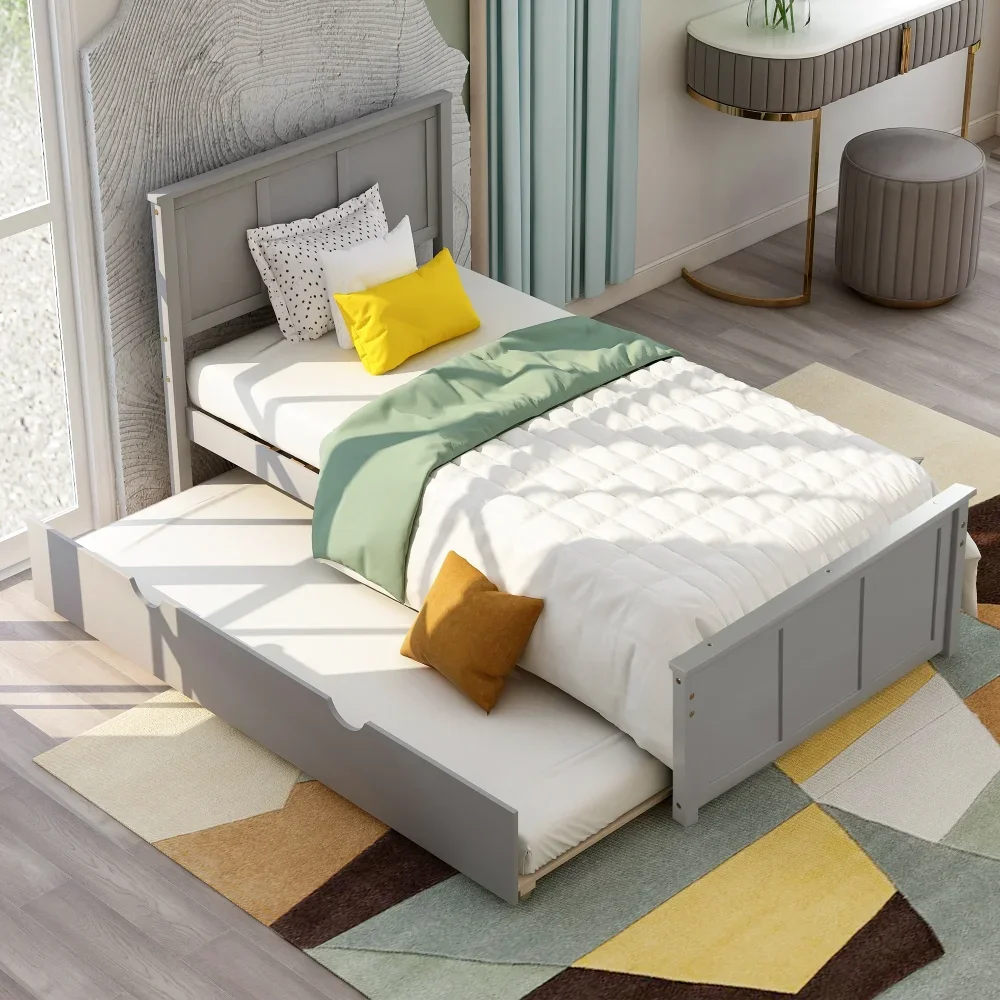 

Children Beds with Trundle, Modern Wood Twin Platform Bed with Headboard & Trundle for Kids