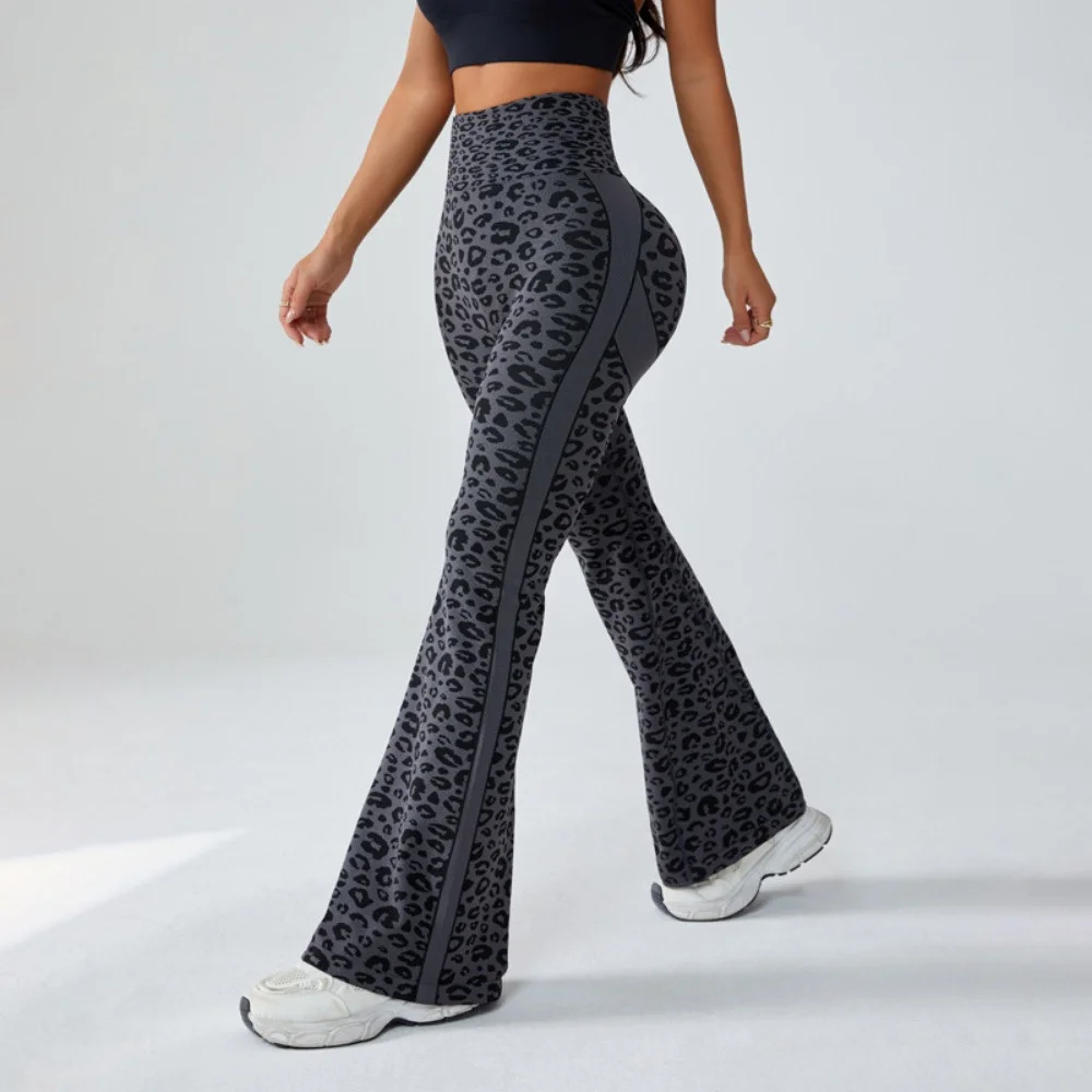 

Women's Retro Leopard Print Flared Yoga Leggings Seamless High Waisted Tummy Control Bell Bottoms Fitted Pants Y2K