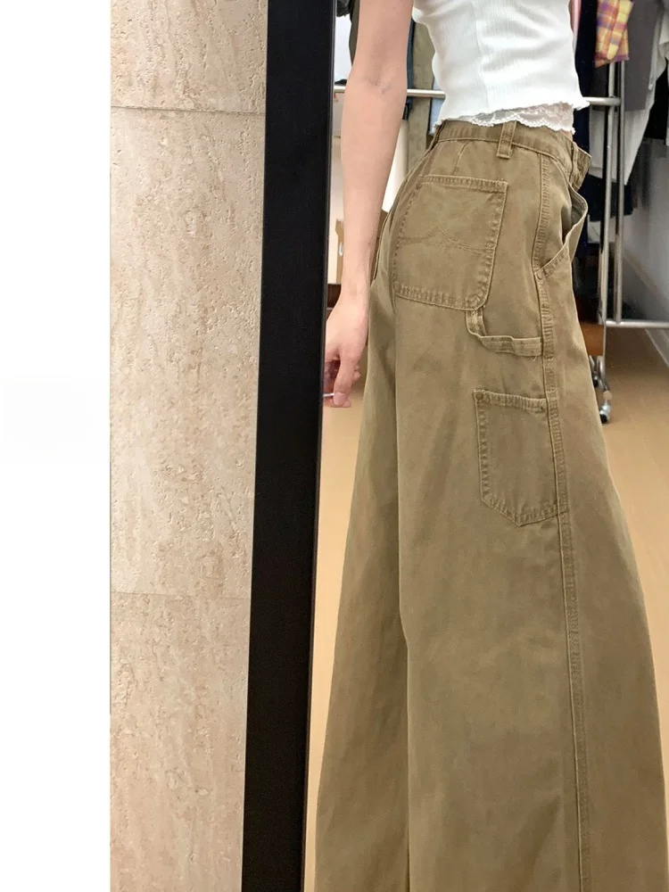 

Женские джинсы с высокой талией и широкими штанинами, свободные брюки-чинос, осенний дизайн, длинные, струящиеся, рабочие брюки