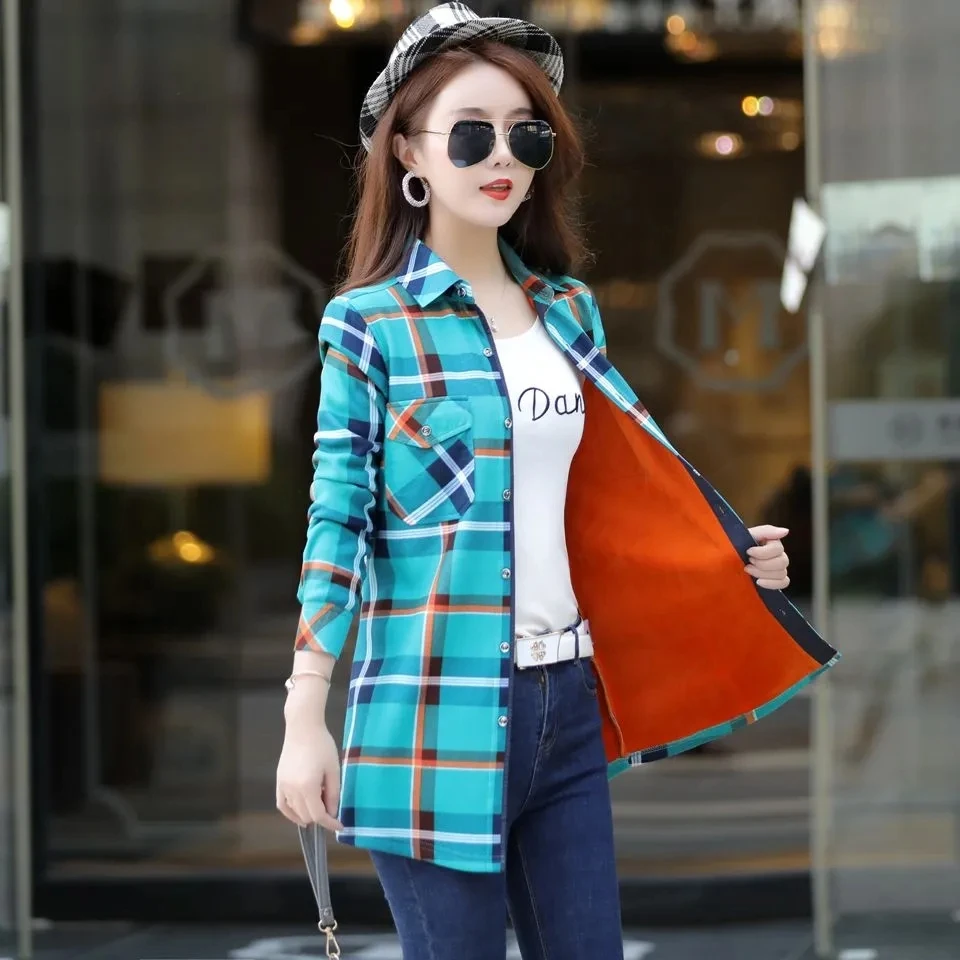 2023 Winter Plaid Shirt Women Warm Long Korean Version Of the New Elastic Slim Fleece Middle-aged Thick Coat Women