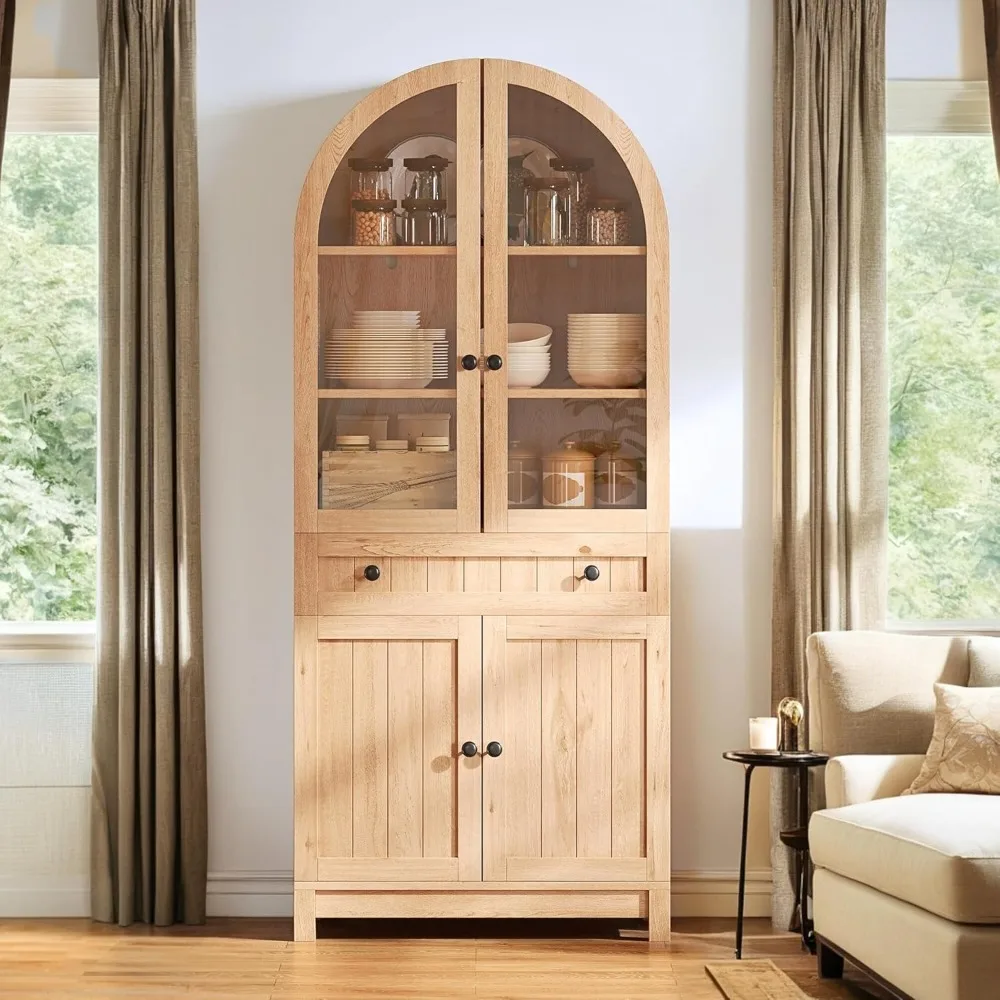 DWVO Arched Pantry Cabinet, 71 Tall Glass Door Display Storage Cabinets W/Drawer & Adjustable Shelves, Farmhouse Versatile Cupbo