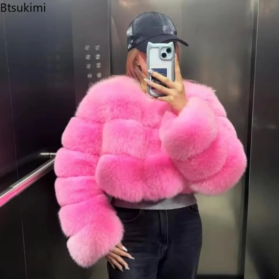 Women Faux Fox Fur Short Cropped Jacket Round Collar Ultra Soft Fluffy Plush Long Sleeve Warm Fashion Streetwear Party Outerwear