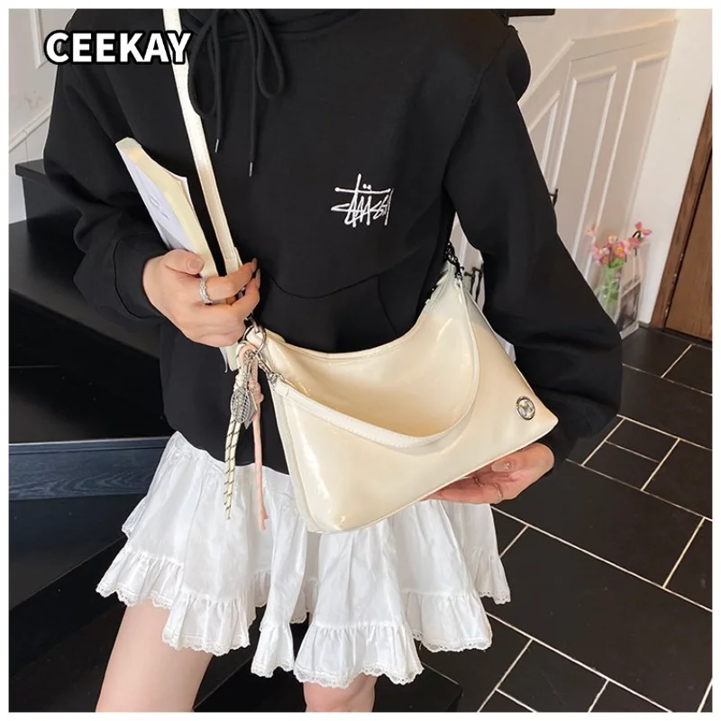 CEEKAY Women's Shoulder Bag Cream White Glossy PU Leather Small Handbag Rhinestone Letter Metal Badge Daily Casual Sweet