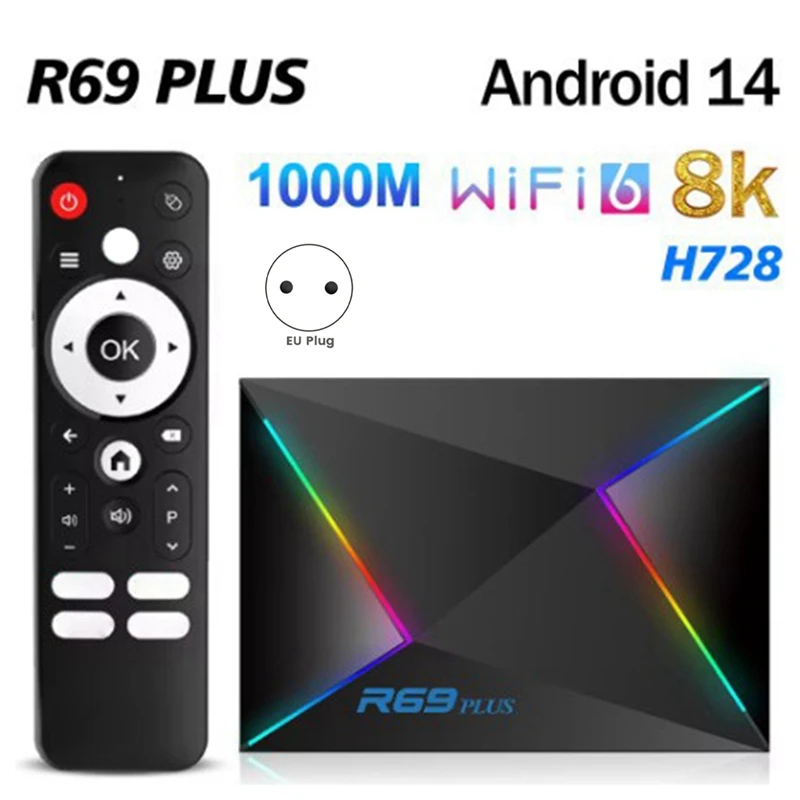 For Android14 R69 Plus Tv Box H728 Wifi 6 IPTV HD 8K Smart Octa-Core ARM Cortex A55 5G Bluetooth 1000M Top Box EU-PLUG