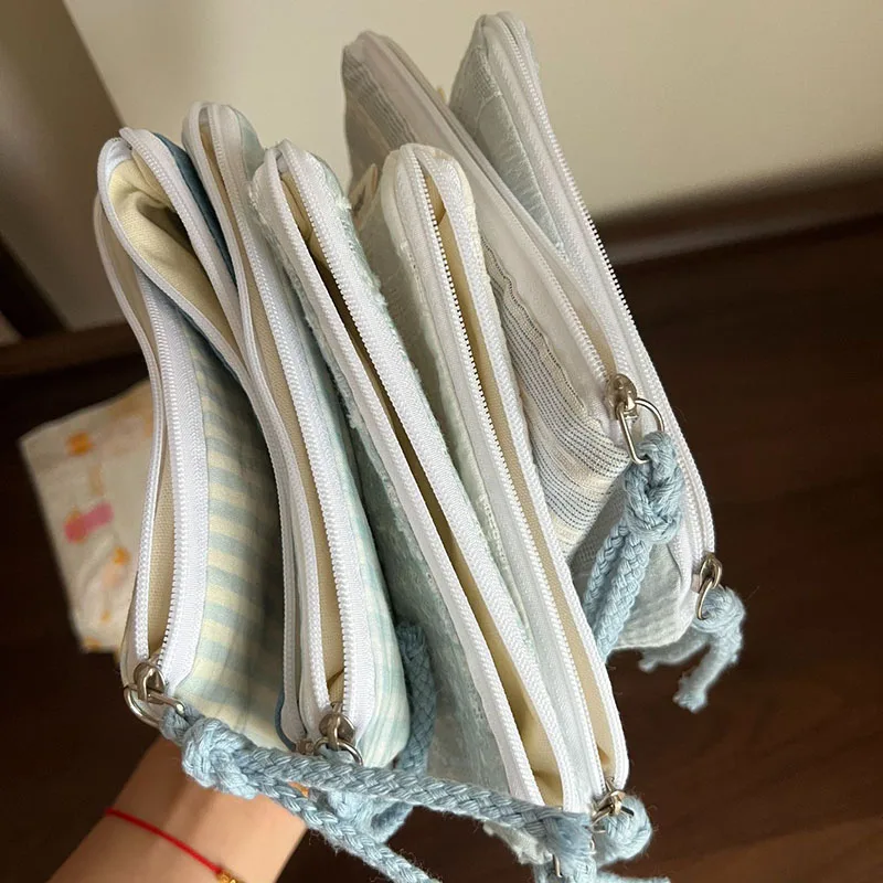 Summer Fresh Blue Striped Plaid Polka Dot Mini Cotton Makeup Pouch Coin Wallet Card Holder Sanitary Napkin Storage Bag