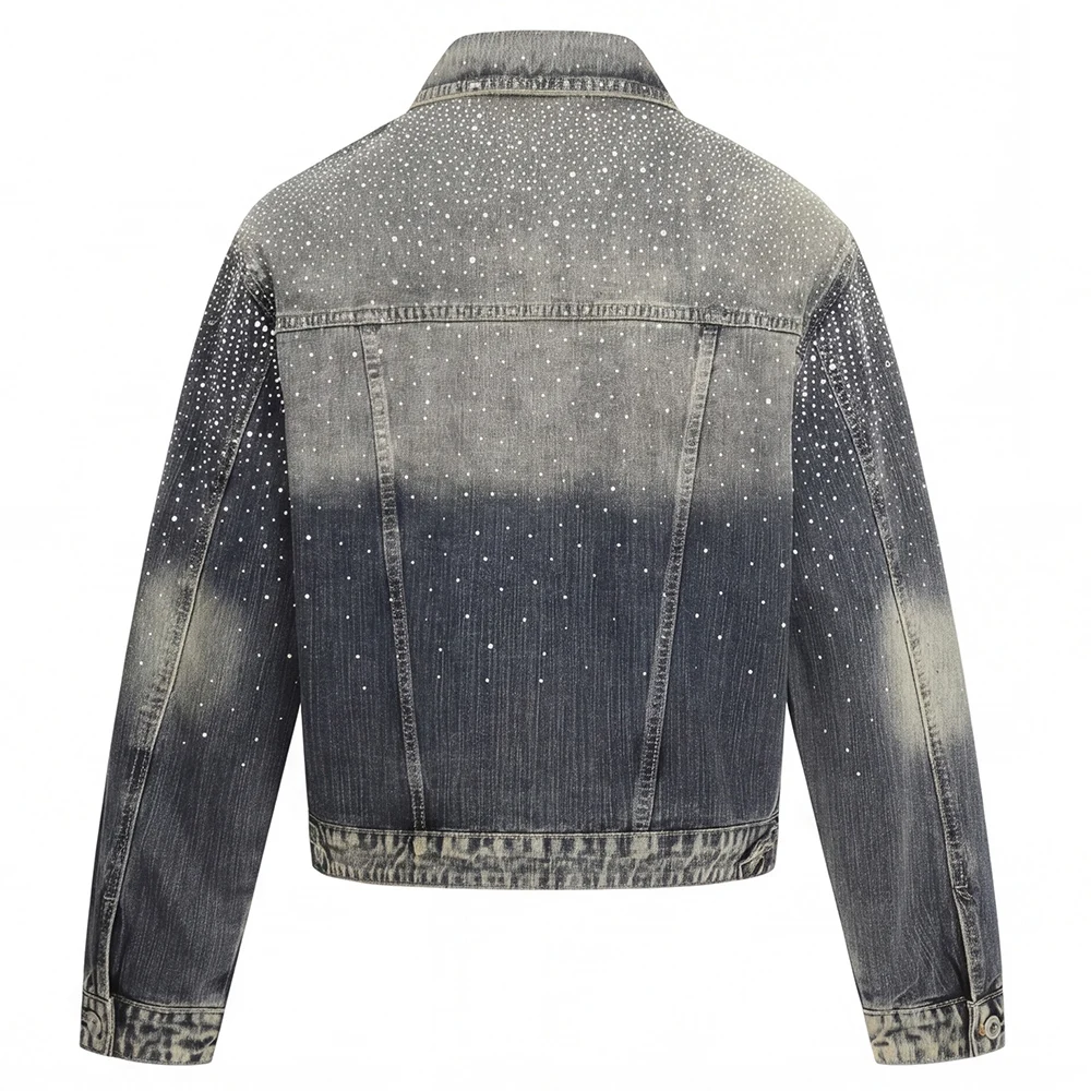 Men's Crystal Denim Jacket Streetwear Rhinestone Crop Top Outerwear Vintage Distressed Gradient Color Washed Cotton Coat