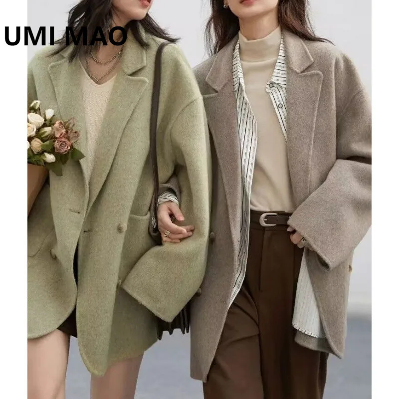 

UMI MAO женские шерстяные пальто, свободные повседневные двубортные двусторонние куртки в стиле ретро, офисная женская верхняя одежда, осенне-зимнее пальто