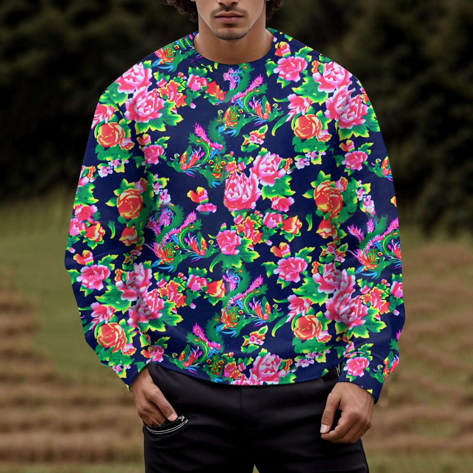 

Male Spring And Autumn Large Flower All Print Long Sleeve Round Neck Hoodless Floral Fashion Trend Bottoming Sweatshirt Tops