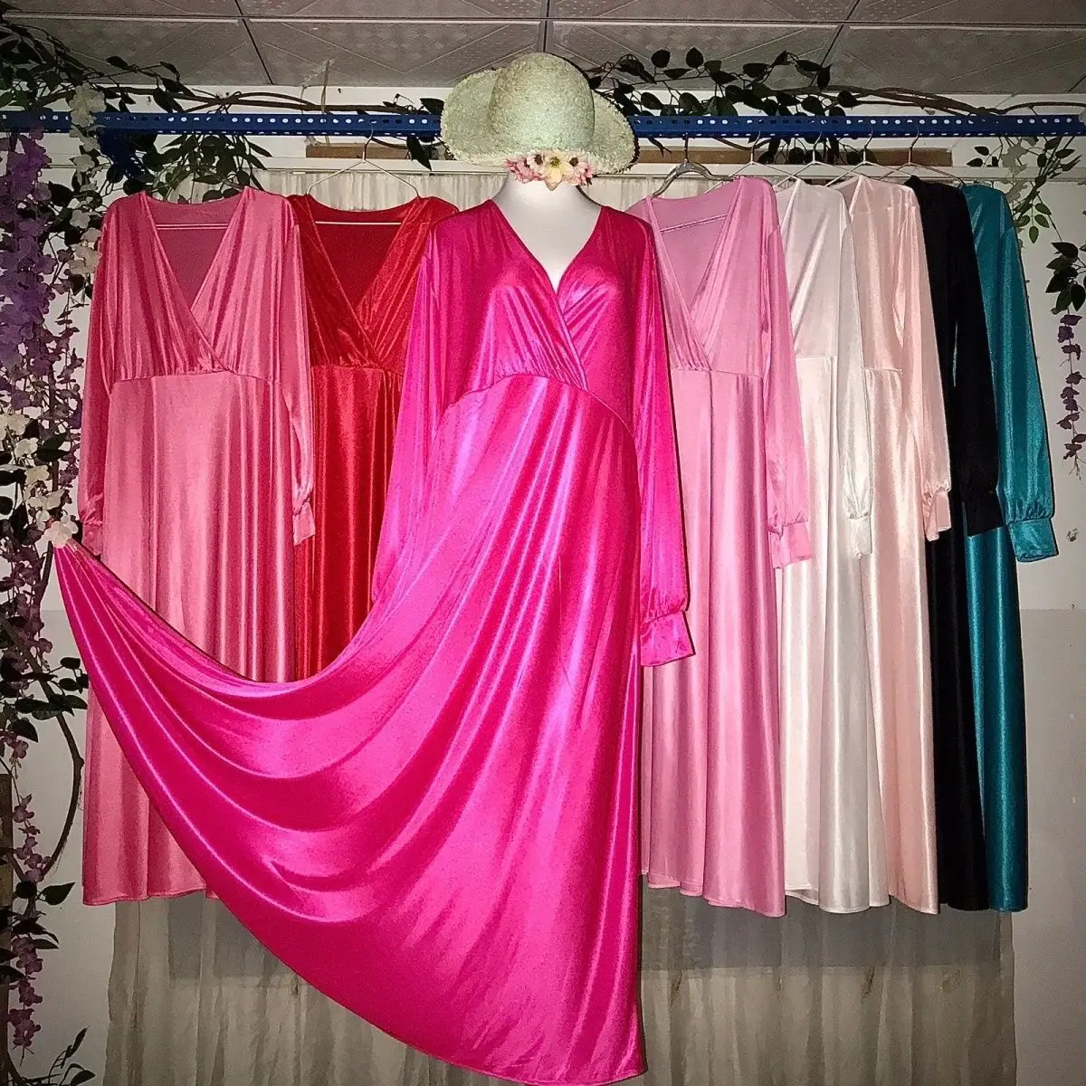 Glossy Rose Women Satin Loose Maxi Dress Long Sleeve Plus Size Sexy Sleeping Robe