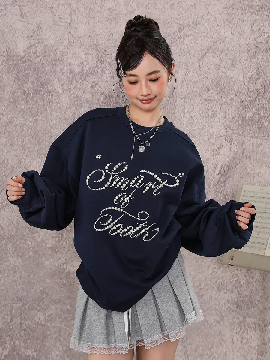 Korean Lazy Casual Style Hot Diamond Beads Round Neck Long Sleeve Loose Versatile Sweet Pullover Sweatshirts Women Tops Autumn