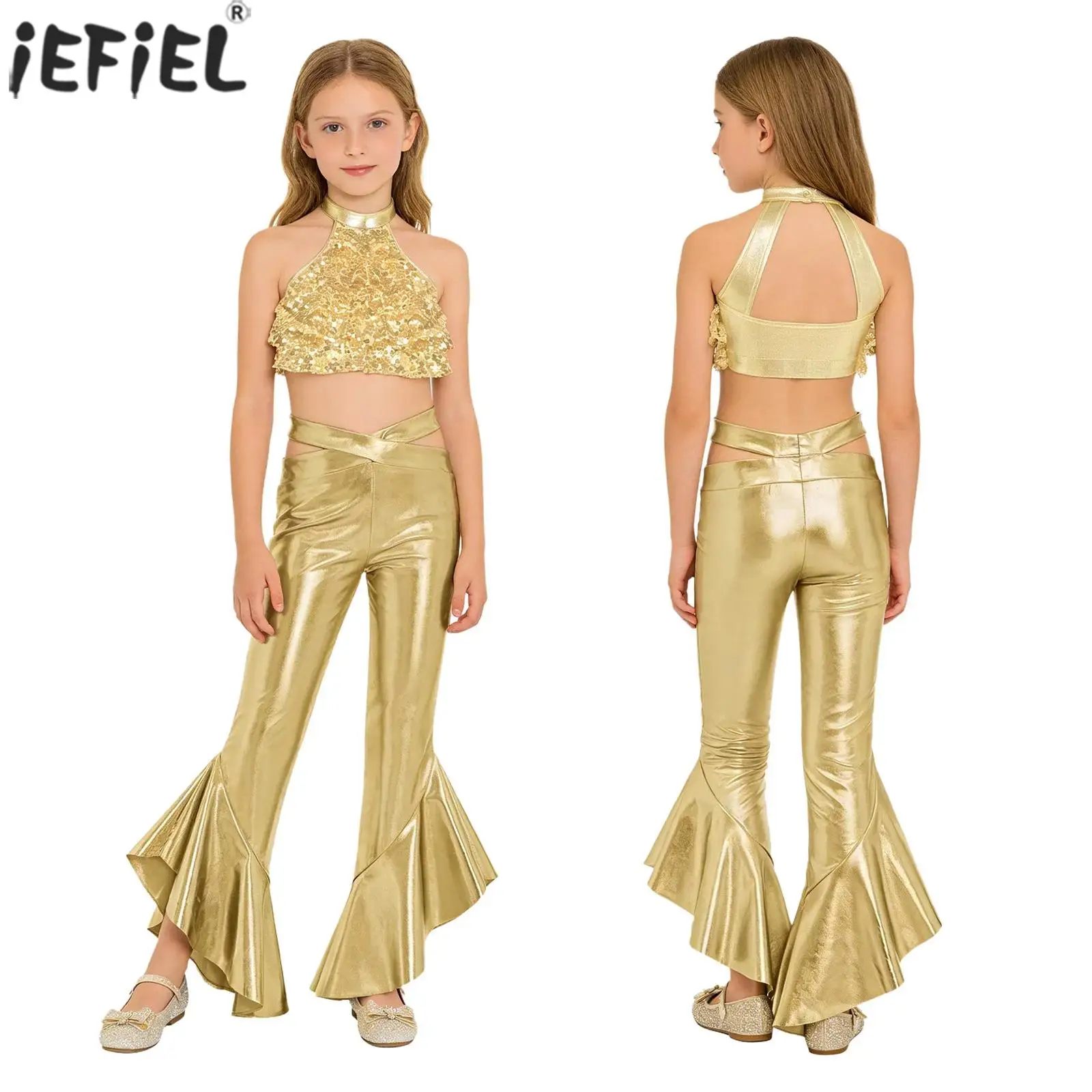 Metallisch glänzende Disco-Jazz-Tanzoutfits für Kinder und Mädchen, ärmelloses, gestuftes Crop-Top mit ausgestellter Hose für Cheerleading-Auftritte