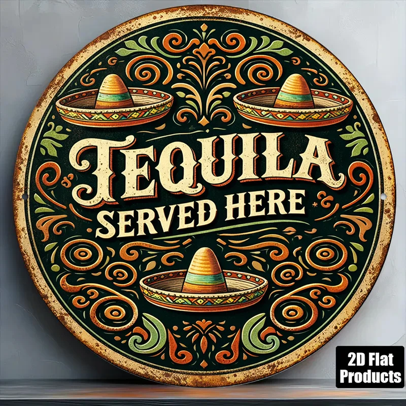 Panneau mexicain vintage 2D plat, 1 pièce, « Tequila servie ici » - Décoration murale ronde adaptée pour bar, restaurant, maison