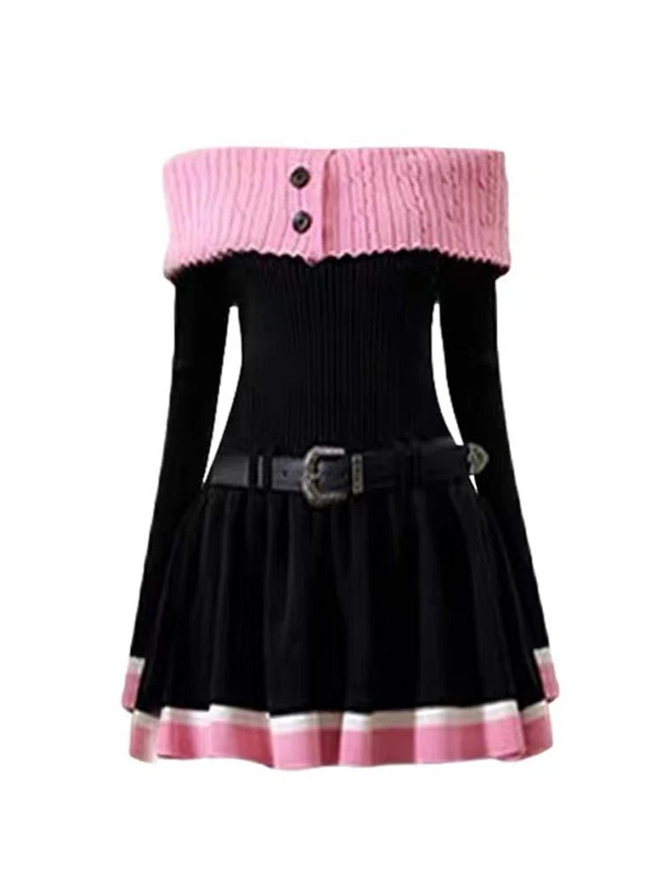 Fall Women Gothic Long Sleeve Slash Neck Knit Mini Dress Korean Fashion Gyaru Contrast Color One-Piece Frocks Vintage Coquette