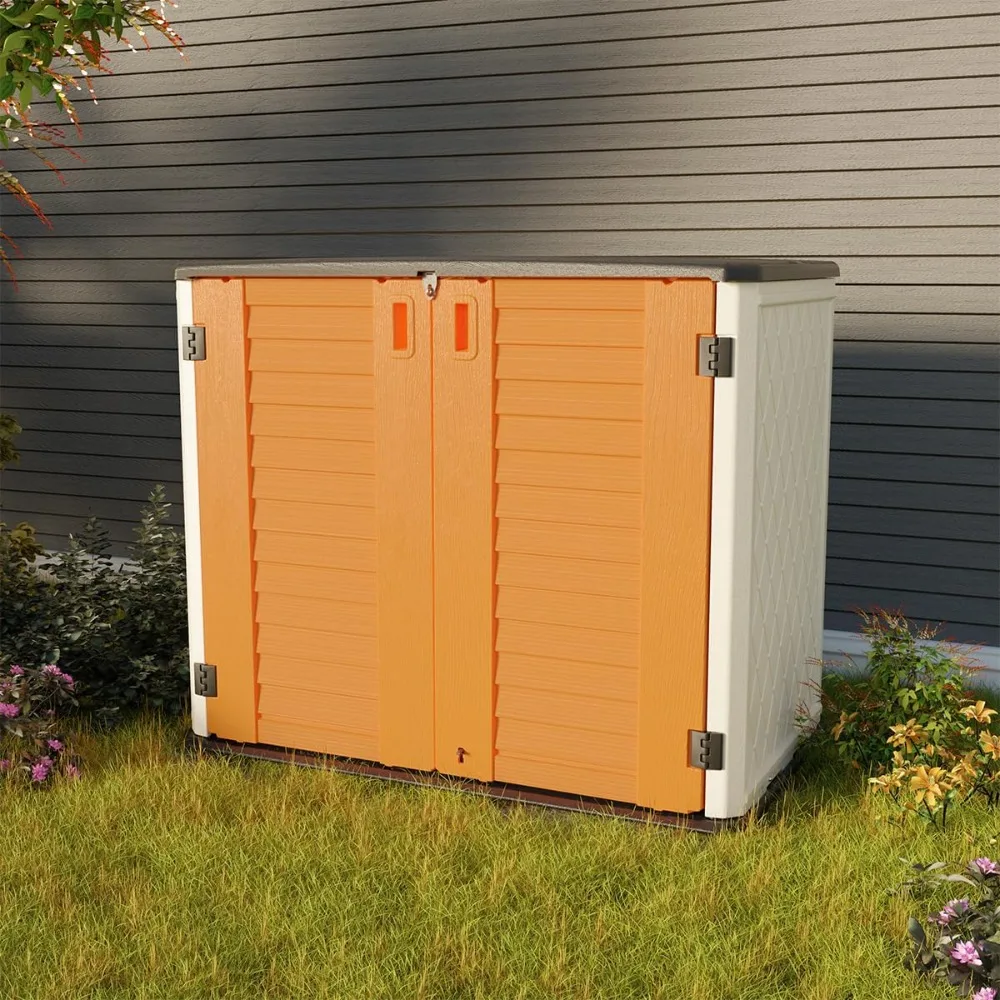 Outdoor Storage Cabinet,4 x 3.4 FT Outdoor Horizontal Storage Shed w/o Shelf,Lockable All-Weather Resin Tool Shed for Trash Cans