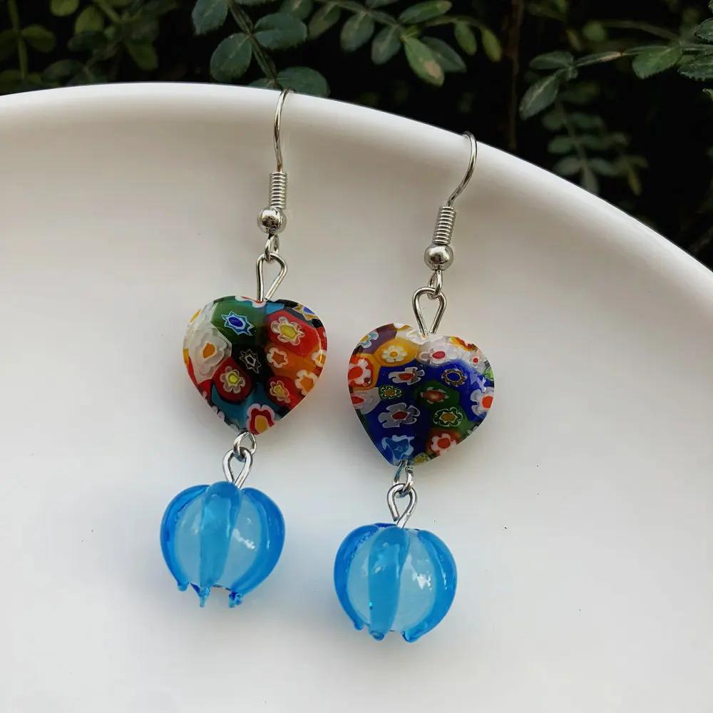 1 pair of fashionable heart-shaped bell orchid multi-color thousand flower glass Murano women's pendant earrings at a cheap pric