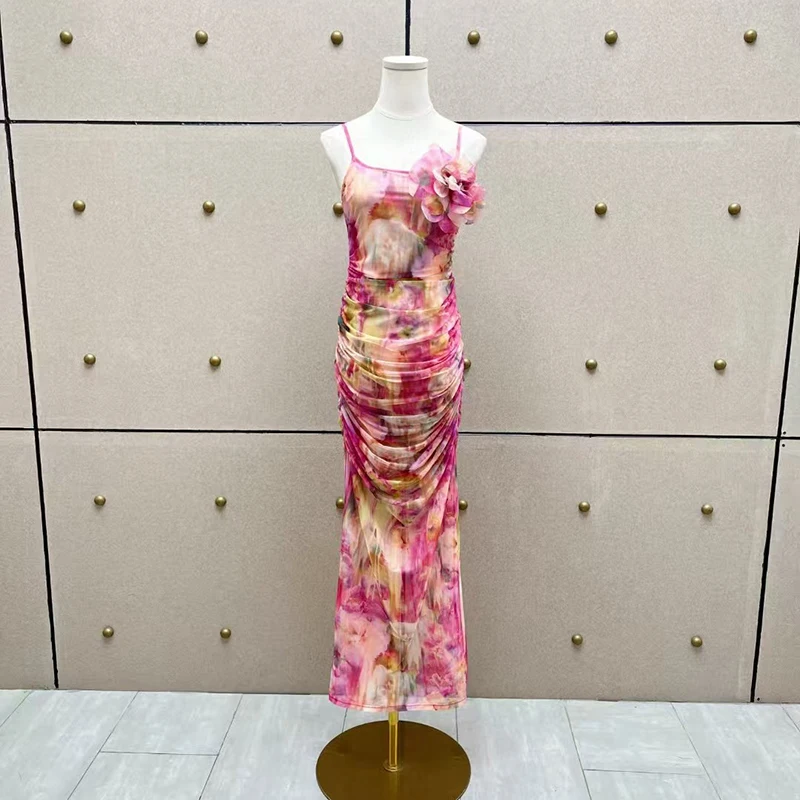 

Women's Halter Dress, Pleated Stereoscopic Flower Decoration Long Dress, Fashion Sexy Backless Dress, Spring, New, 2025