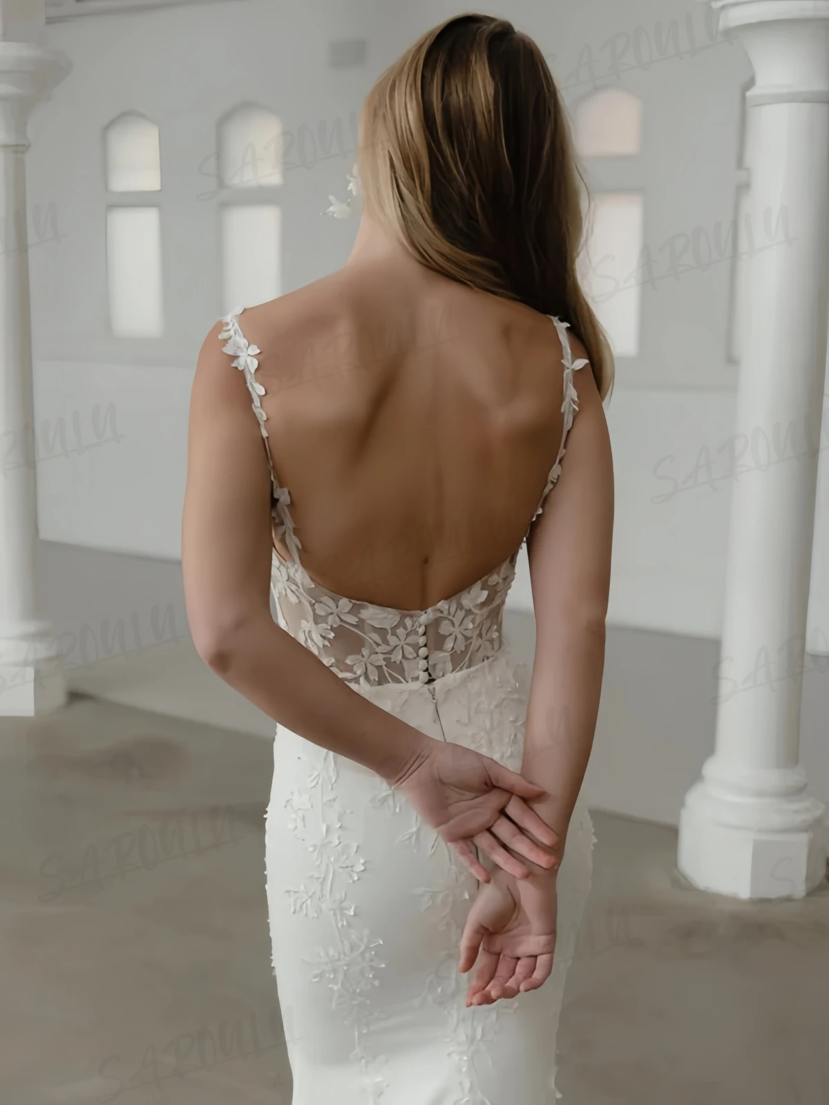 SAROULU Abito da sposa tubino da donna, abito da sposa lungo in raso con spalline sottili, abiti da sposa romantici personalizzati