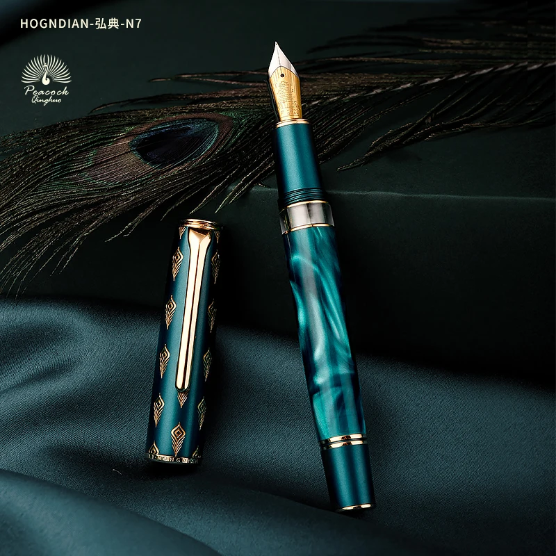 

Hongdian N7 Resin Piston Fountain Pen EF/F/M/Long Knife Nib Beautiful Green / Gray Peacock Totem Cap Writing Office Gift Ink Pen